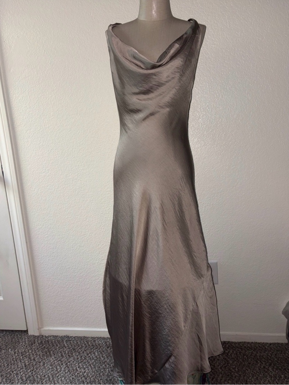 Zara Satin Cowl Neck Maxi Dress — Taupe